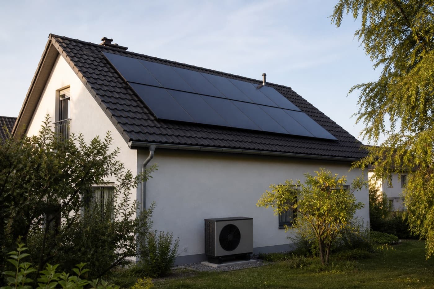 Dach mit Solarmodulen und Wärmepumpe im Außenbereich