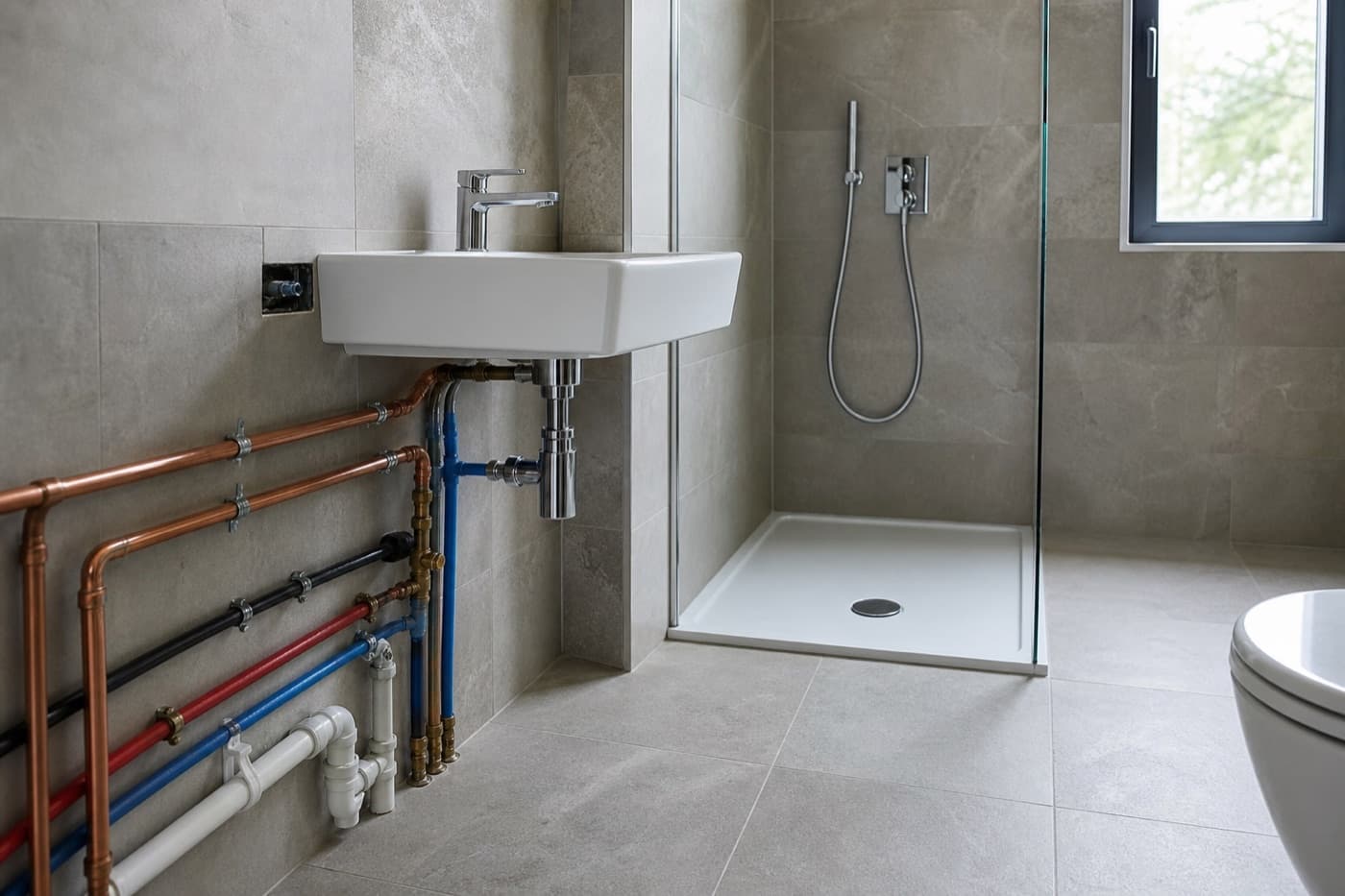 Sanitärinstallation mit Armaturen und Leitungen in einem modernen Bad